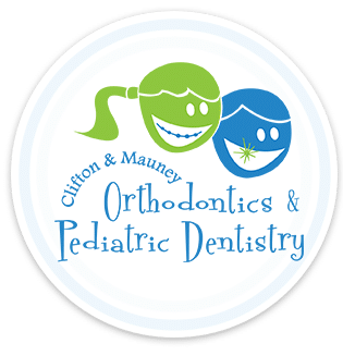 Clifton & Mauney Orthodontics & Pediatric Dentistry logo. Cartoons of a boy and a girl w/ braces.