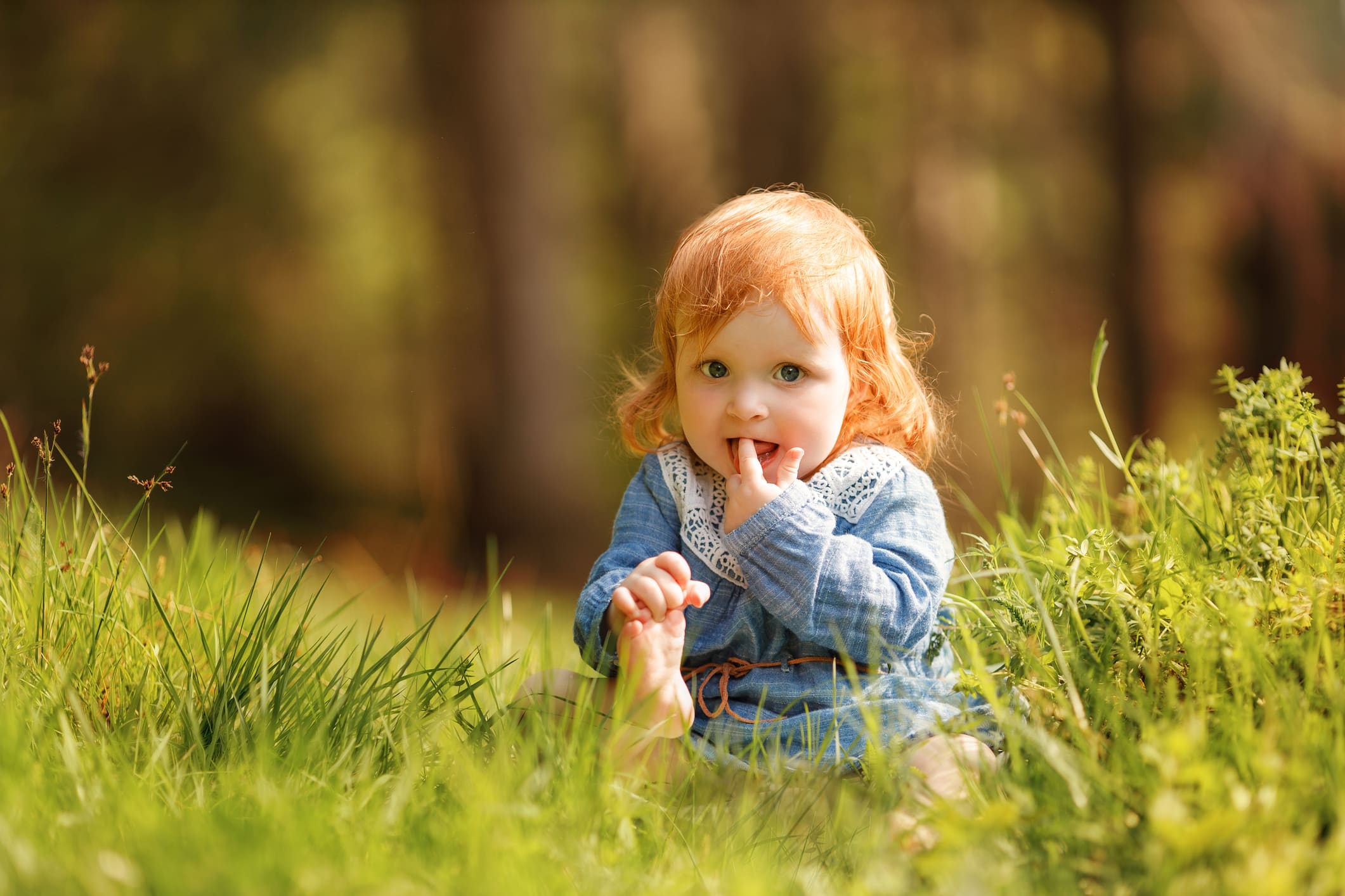 a baby girl with red hair and blue eyes sitting in a field of grass
