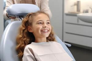 a child smiles happily after getting pediatric crowns at the dentist